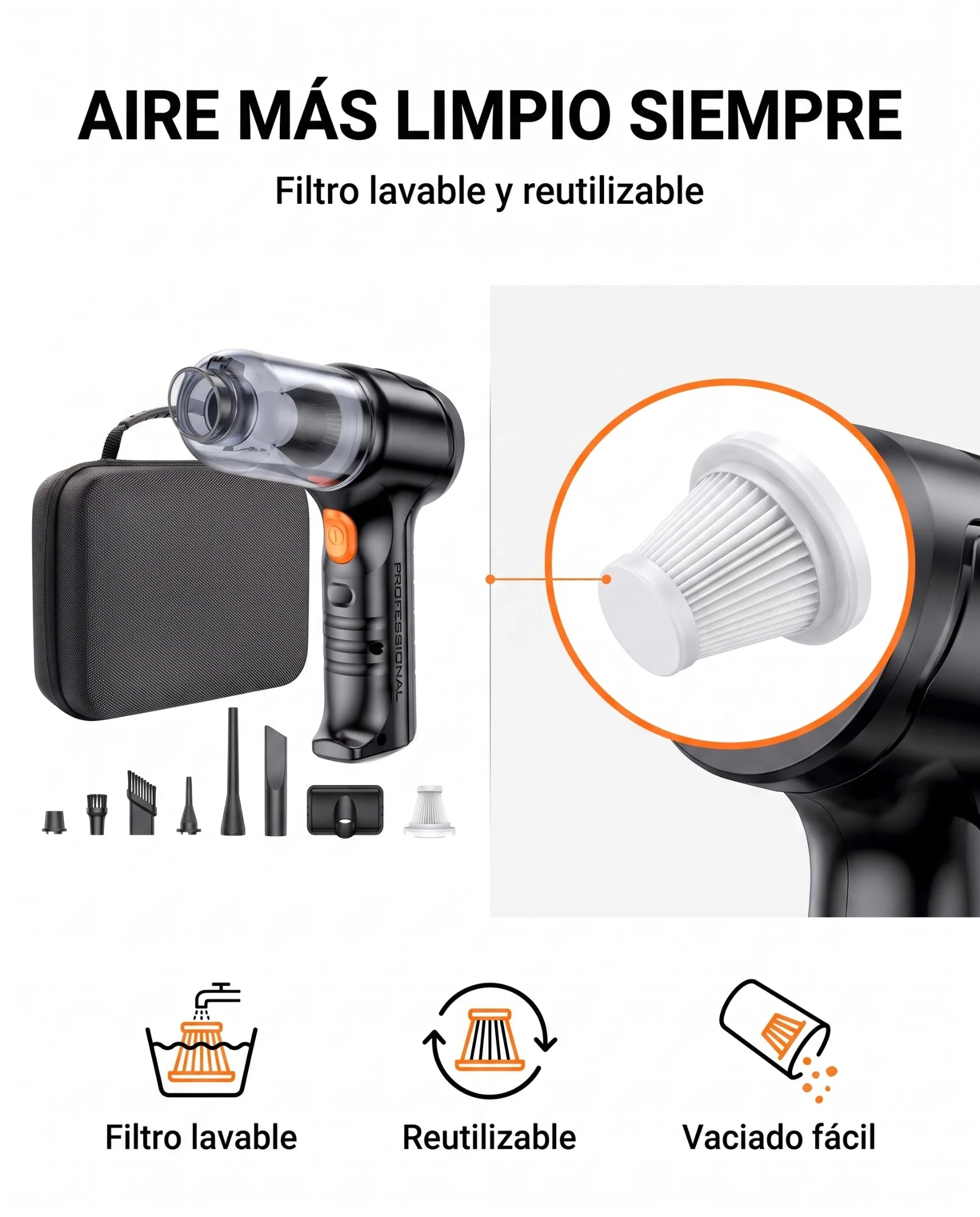 Aire más limpio siempre: filtro lavable y reutilizable